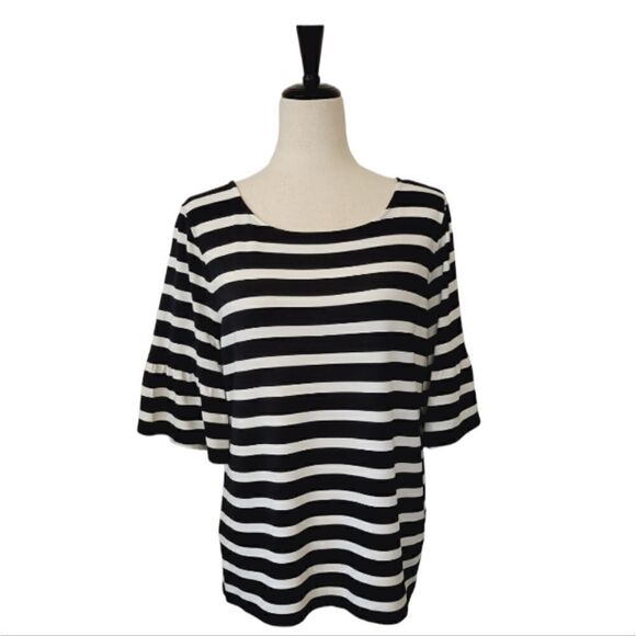 Talbots Black & White Striped  Ruffle Detail Sleeve Stretch Knit  Blouse Size L - Picture 2 of 7